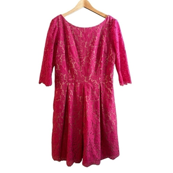 Eliza J Dresses & Skirts - Eliza J Hot Pink Lace Fit and Flare Dress 3/4 Length Sleeves, Size 14